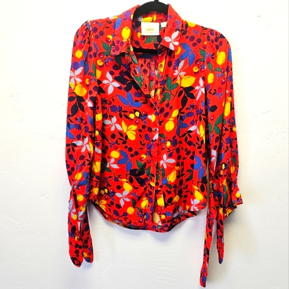 Anthropologie Maeve Vibrant Floral Lemon Print Red Button Up Women Shirt Size 2 - Picture 2 of 9